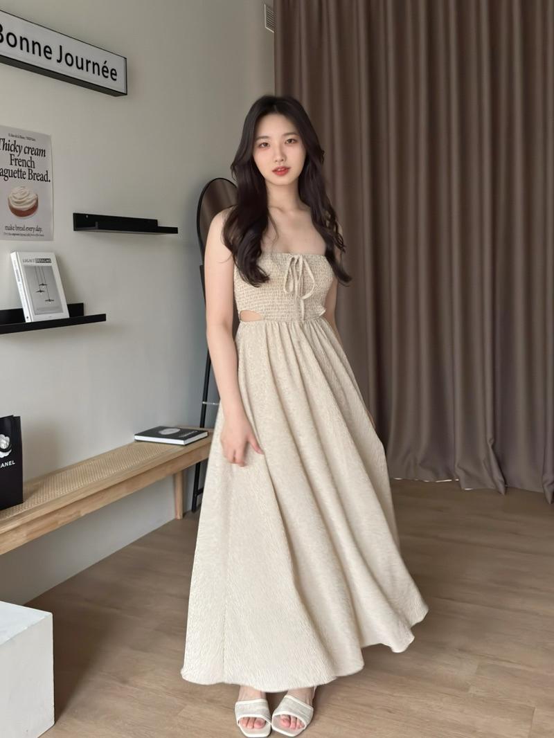 CLMA♡｜🇰🇷Korea 前綁帶側鏤空彈力長洋裝