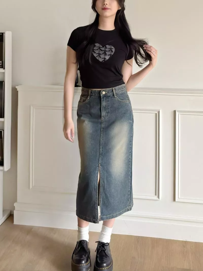 CLMA♡｜🇰🇷Korea 復古刷色前開衩牛仔長裙