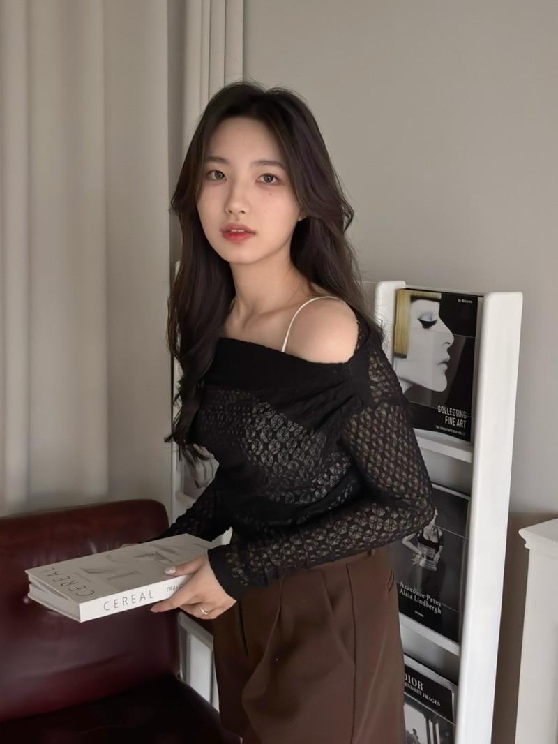 CLMA♡｜🇰🇷Korea 透膚彈力軟蕾絲一字領上衣