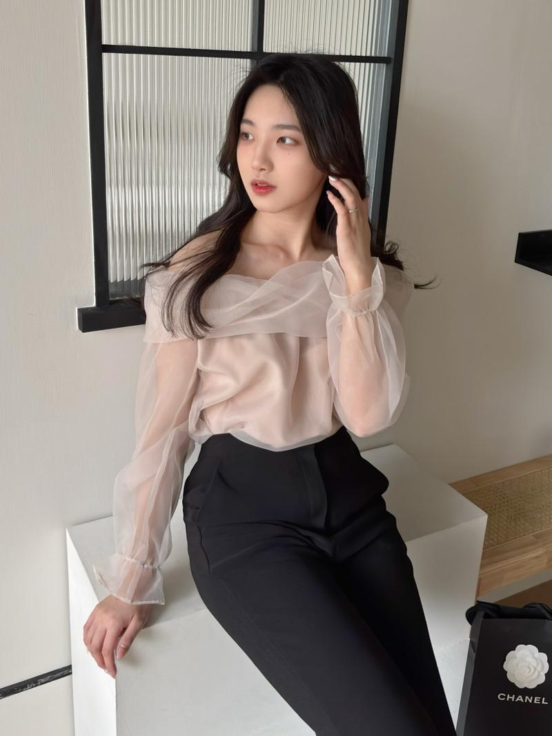 CLMA♡｜🇰🇷Korea 千金風透膚網紗一字領上衣