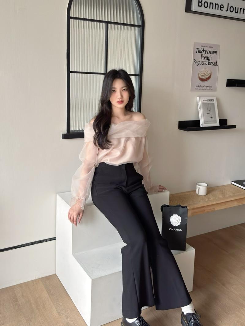 CLMA♡｜🇰🇷Korea 千金風透膚網紗一字領上衣
