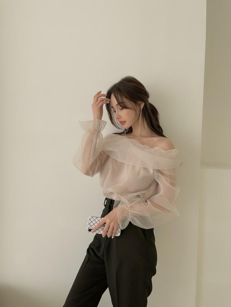 CLMA♡｜🇰🇷Korea 千金風透膚網紗一字領上衣