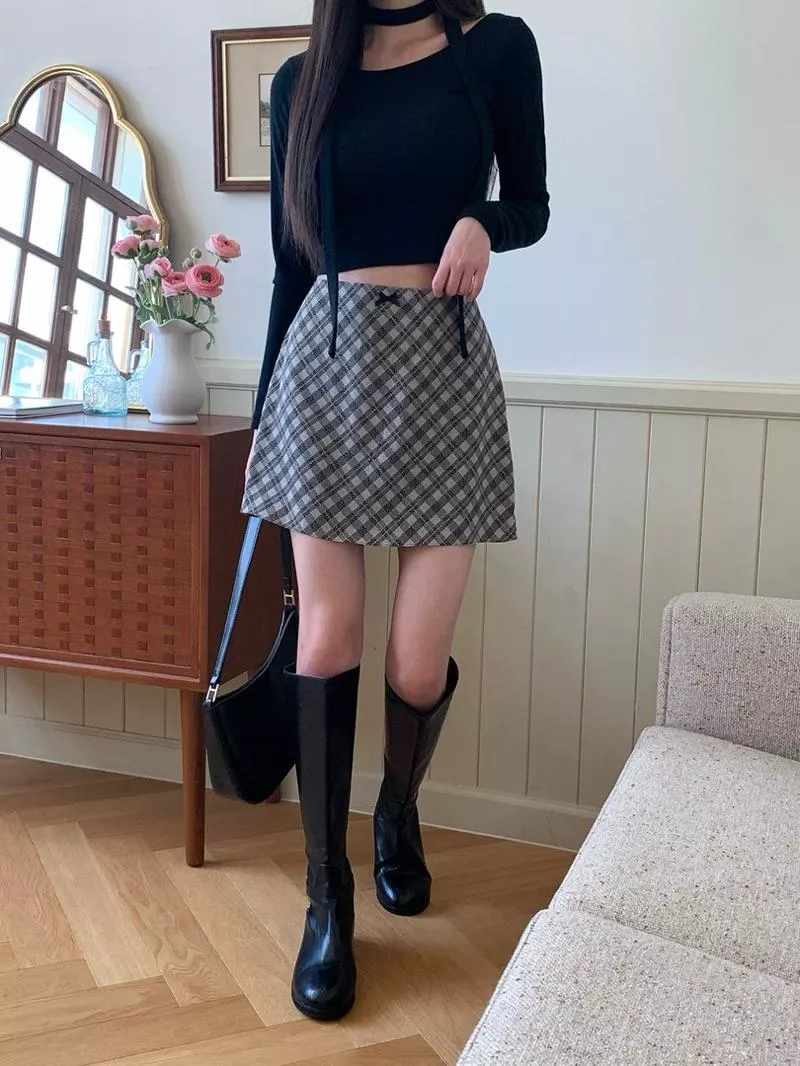 CLMA♡｜🇰🇷Korea 蝴蝶結斜格紋後鬆緊A字短裙