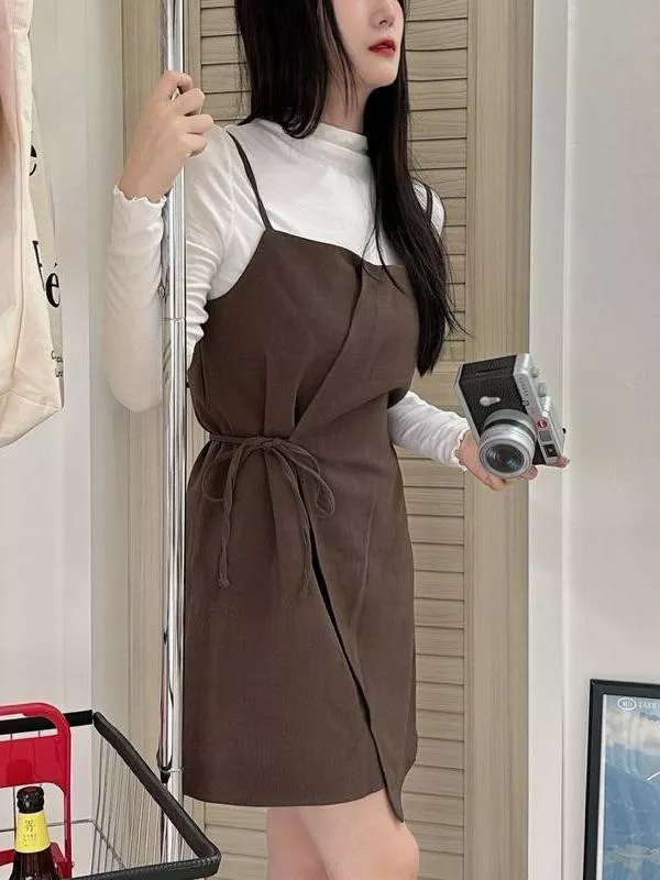 CLMA♡｜🇰🇷 Korea 質感歐膩♡ 厚磅西裝布綁結吊帶裙 - 兩色