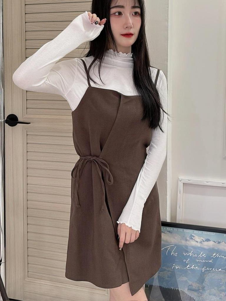 CLMA♡｜🇰🇷 Korea 質感歐膩♡ 厚磅西裝布綁結吊帶裙 - 兩色