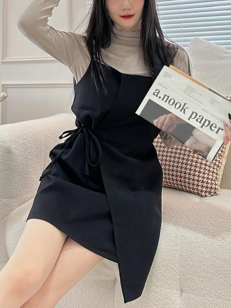 CLMA♡｜🇰🇷 Korea 質感歐膩♡ 厚磅西裝布綁結吊帶裙 - 兩色