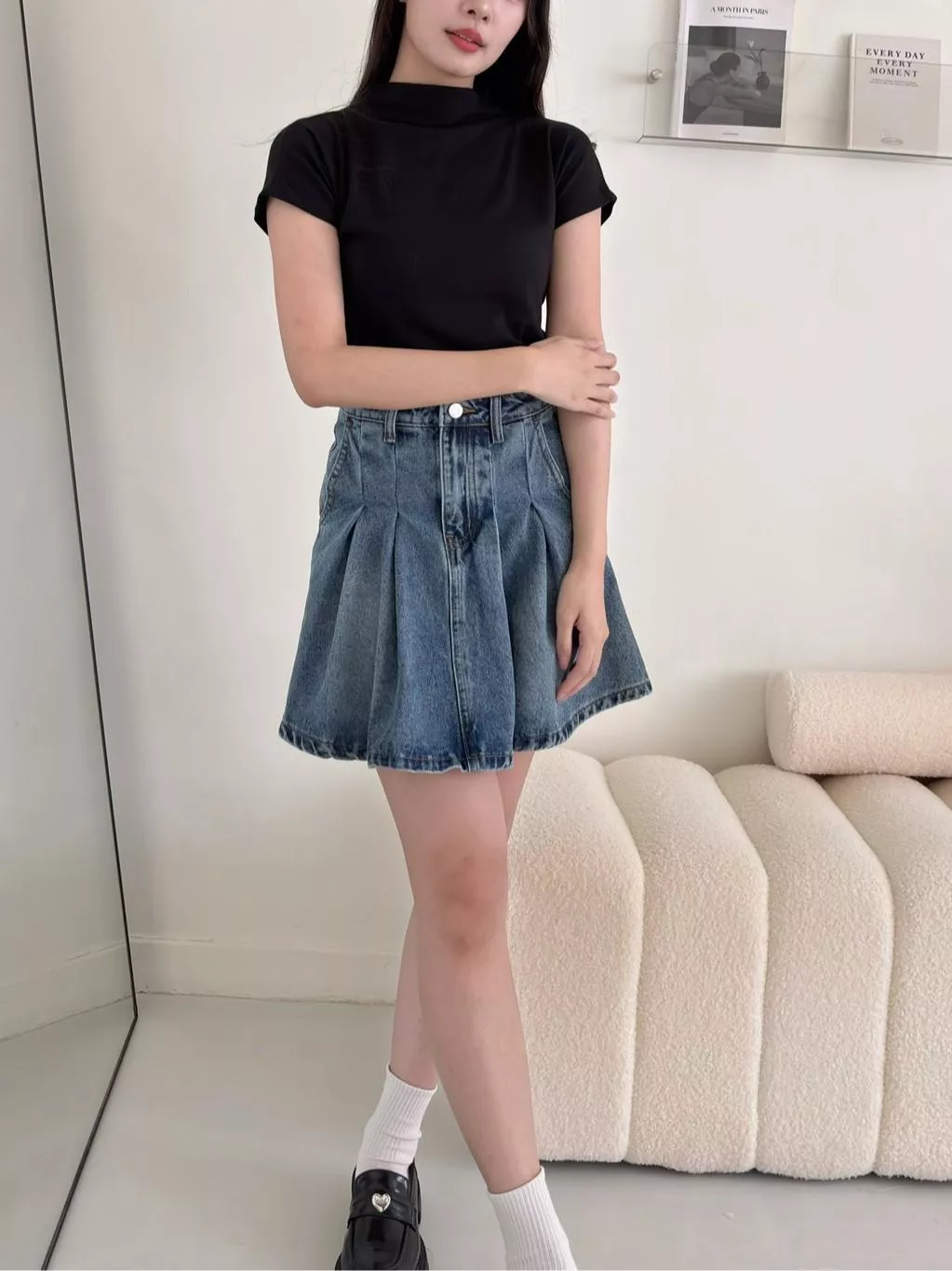 CLMA♡｜🇰🇷Korea 厚磅復古刷色牛仔百褶裙