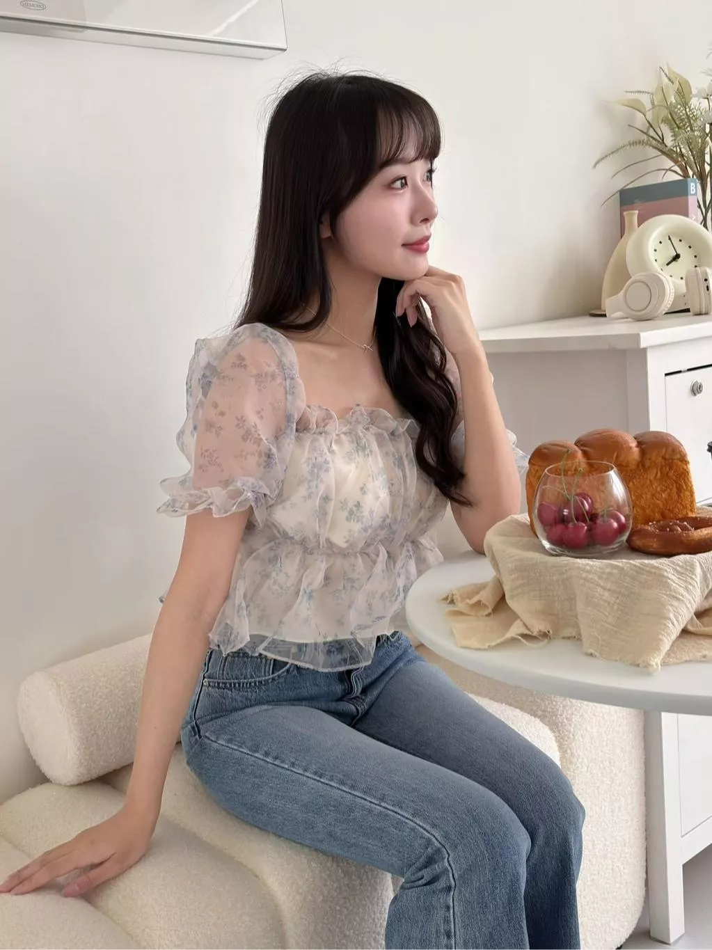 CLMA♡｜🇰🇷Korea 碎花網紗澎澎袖上衣