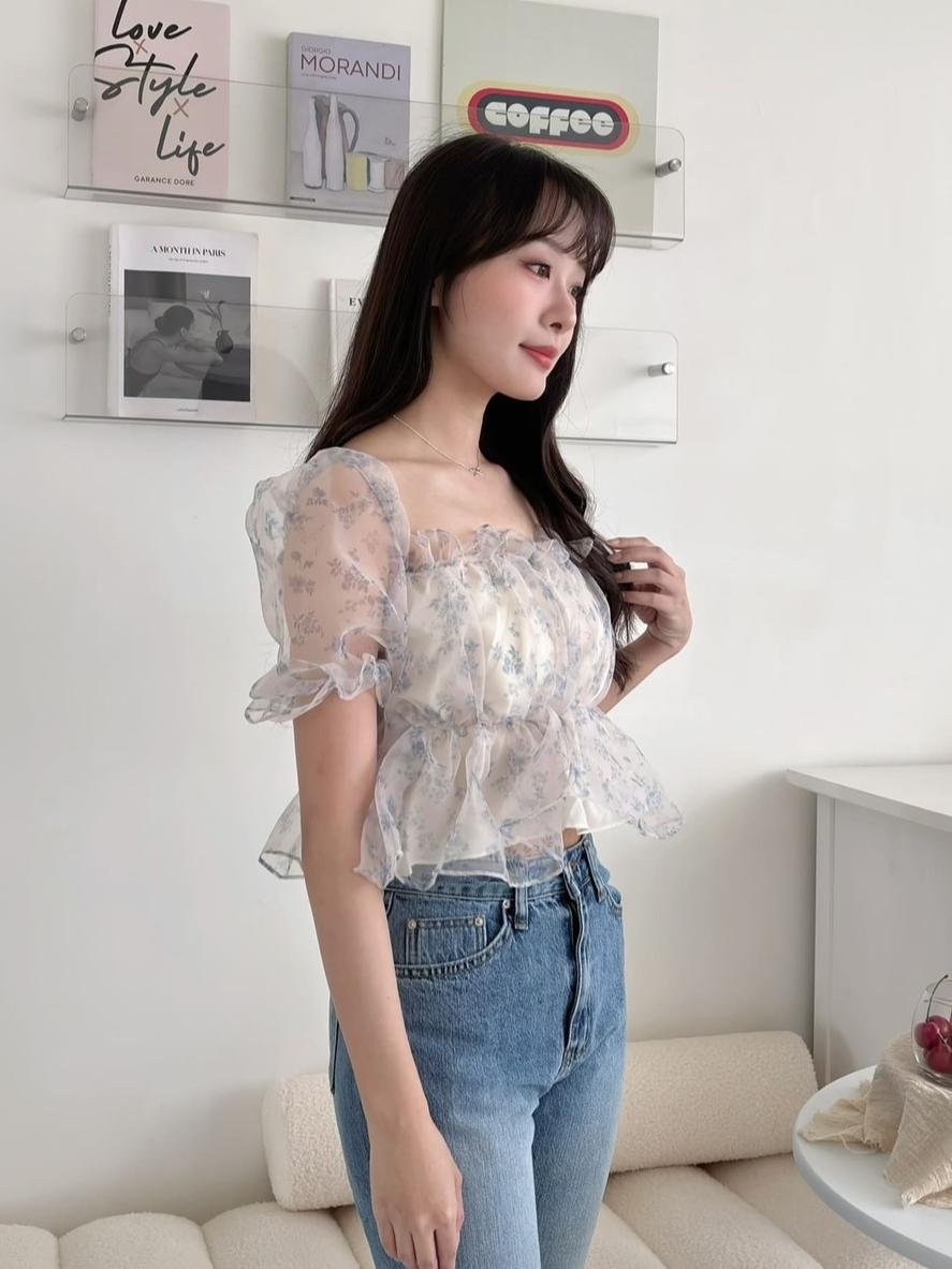 CLMA♡｜🇰🇷Korea 碎花網紗澎澎袖上衣