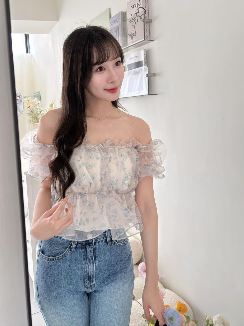 CLMA♡｜🇰🇷Korea 碎花網紗澎澎袖上衣