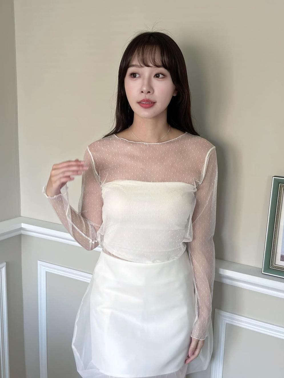 CLMA♡｜🇰🇷Korea 波浪邊點點透膚網紗內搭上衣