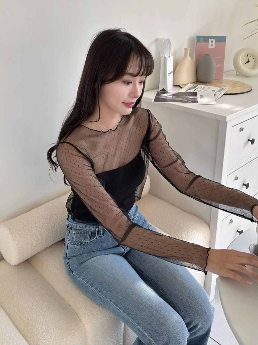 CLMA♡｜🇰🇷Korea 波浪邊點點透膚網紗內搭上衣