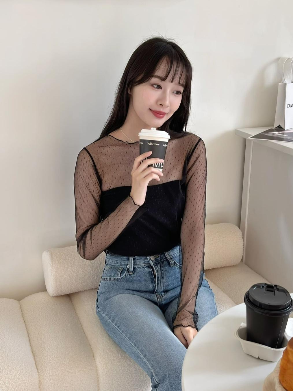 CLMA♡｜🇰🇷Korea 波浪邊點點透膚網紗內搭上衣