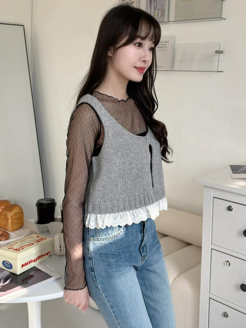 CLMA♡｜🇰🇷Korea 蕾絲下擺單釦針織小背心