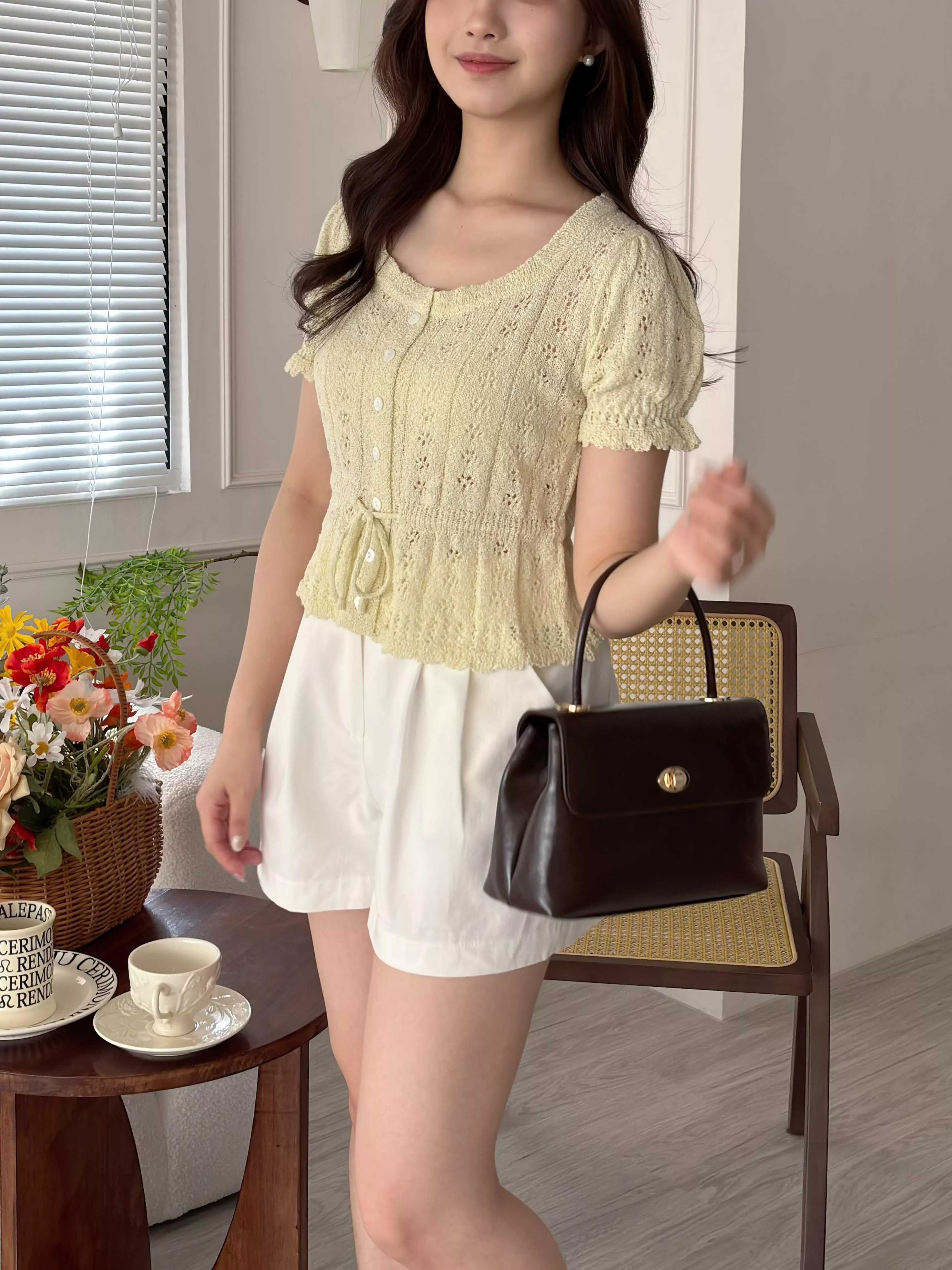 CLMA♡｜🇰🇷Korea 燒花鏤空腰綁帶銀蔥上衣