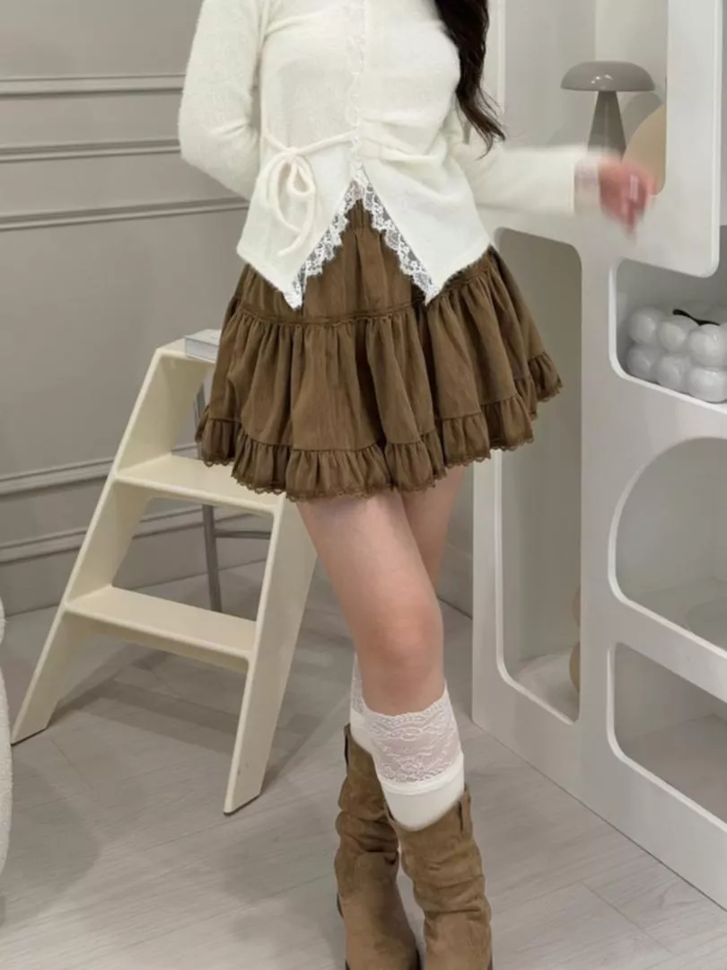 CLMA♡｜復古蕾絲拼接燈芯絨蛋糕裙