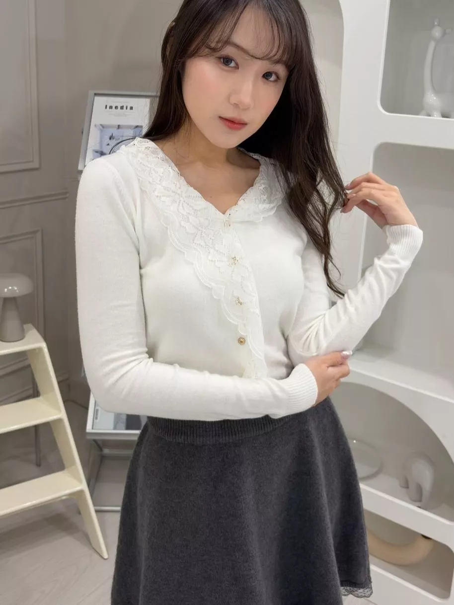CLMA♡｜蕾絲荷葉邊V領薄針織上衣