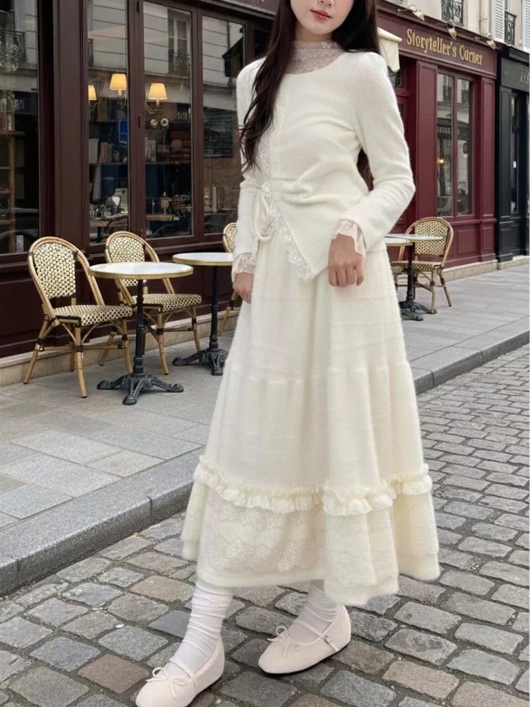 CLMA♡｜溫暖仙氣蕾絲毛絨厚磅長裙