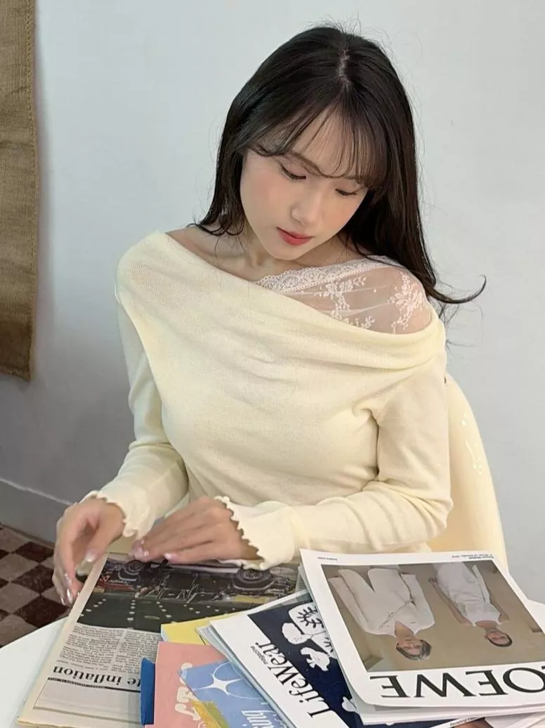 CLMA♡｜慵懶蕾絲拼接斜領針織上衣