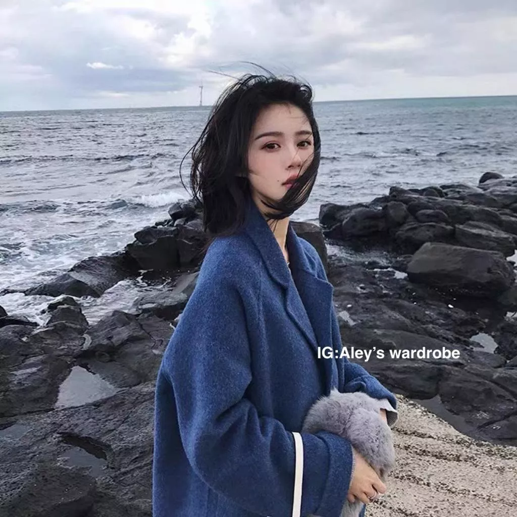 Aley冬季西裝領毛呢長袖大外套淺藍色/深藍色大衣外套