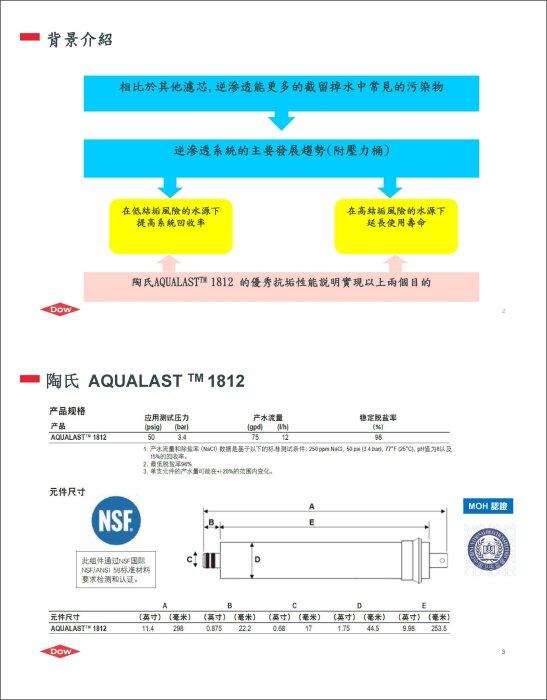 【水易購淨水新竹店】美國FILMTEC/AQUALAST -1812抗垢省水型RO膜/省廢水/抗結垢/50~100G