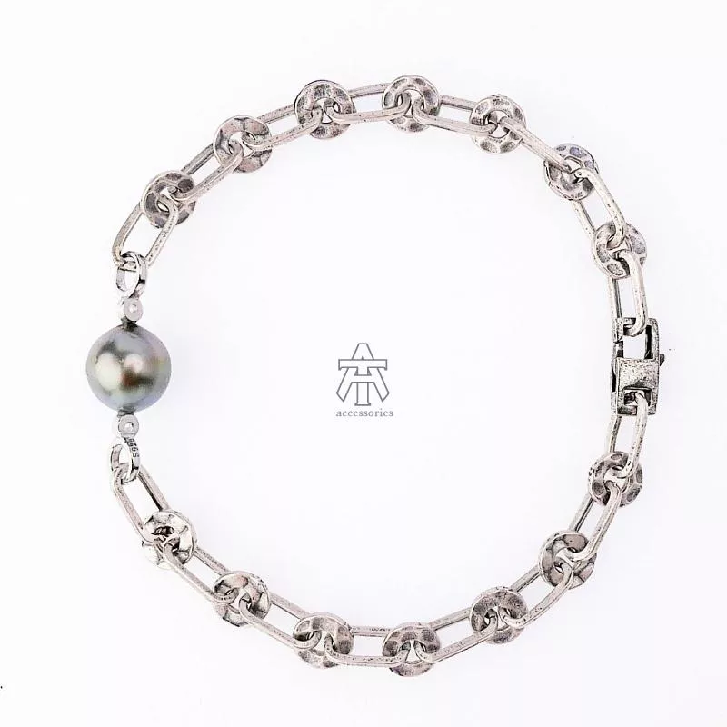 T&A accessories Black Pearls系列手鍊#6/做舊銀鏈/方型釦/大溪地黑珍珠/925純銀/手作設