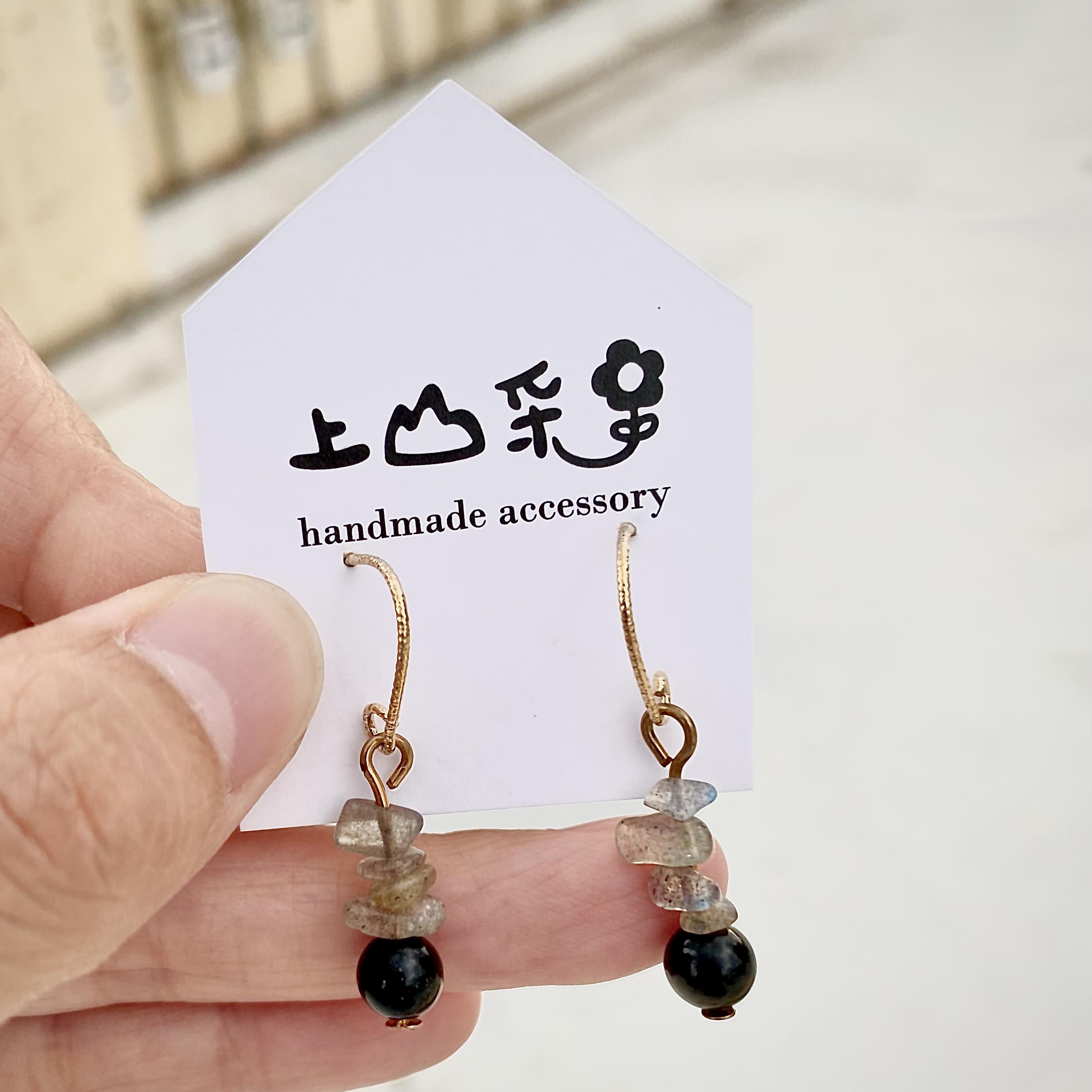 24k不掉色沙金耳勾/黑曜拉長藍光幻彩耳環/手作飾品