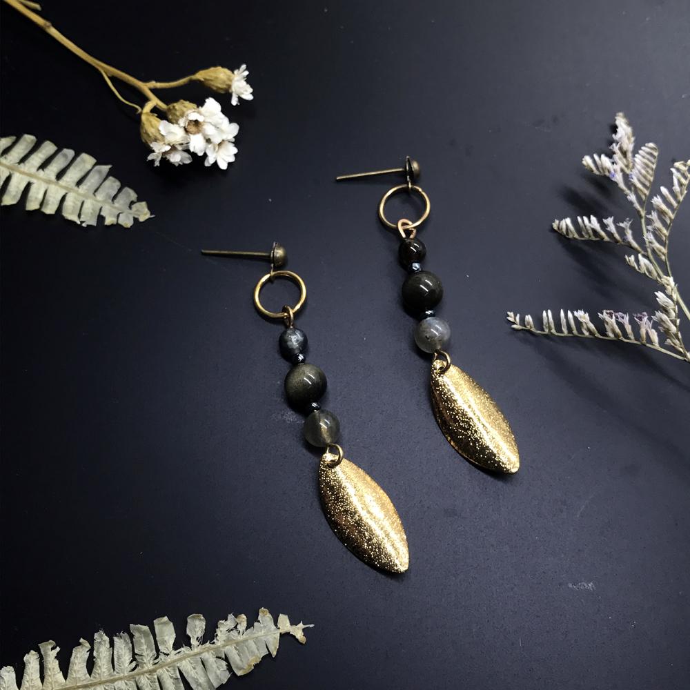 耳針沙金葉片黑曜耳墜/手作飾品
