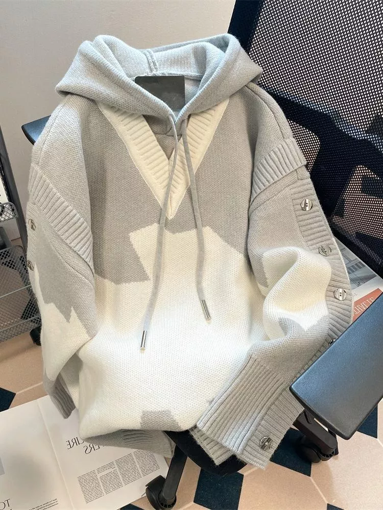 美式設計感小眾撞色連帽針織衛衣