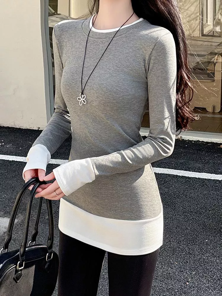 👔 簡約質感疊穿 | 假兩件收腰磨毛長袖T恤 ✨