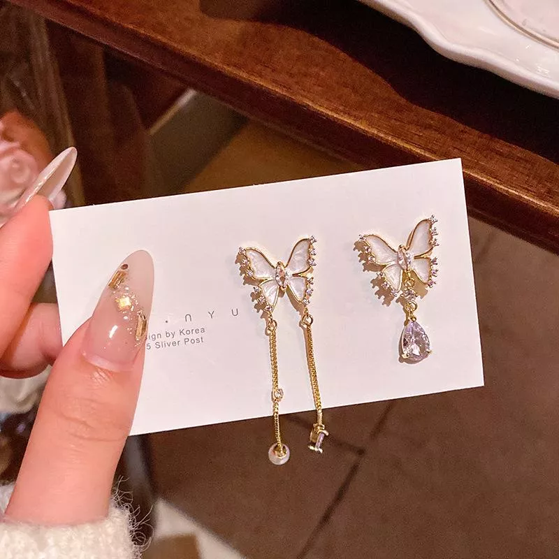 💖 韓系氣質不對稱蝴蝶流蘇耳環 ✨