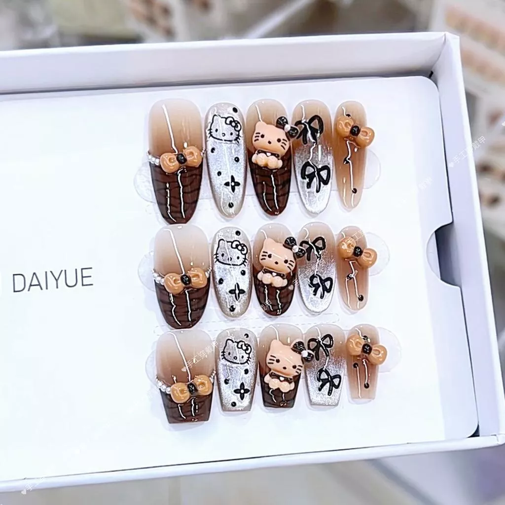 🐾 奶咖豹紋Kitty手繪穿戴美甲 🐾