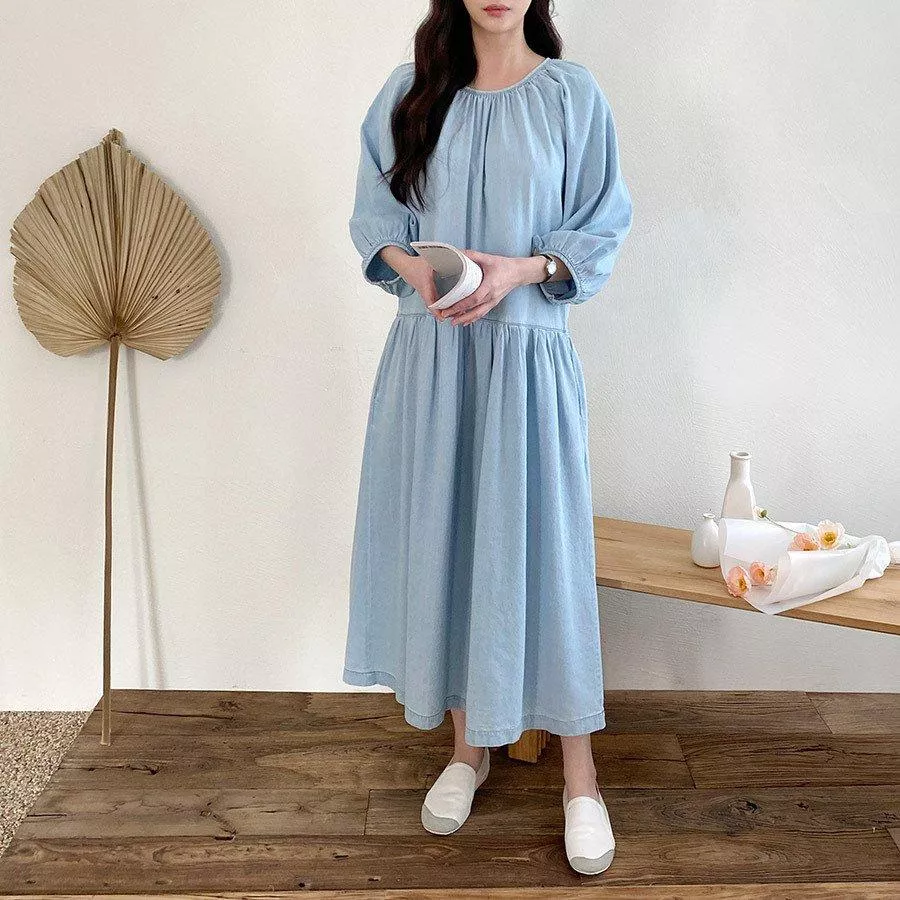 摺皺圓船領連身棉質洋裝