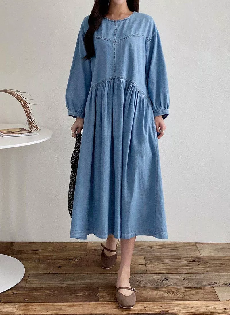 Mare Denim長縫摺皺棉質連身洋裝