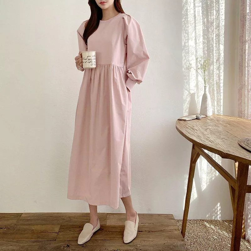 Puff Shibori摺皺寬鬆中長版連身洋裝