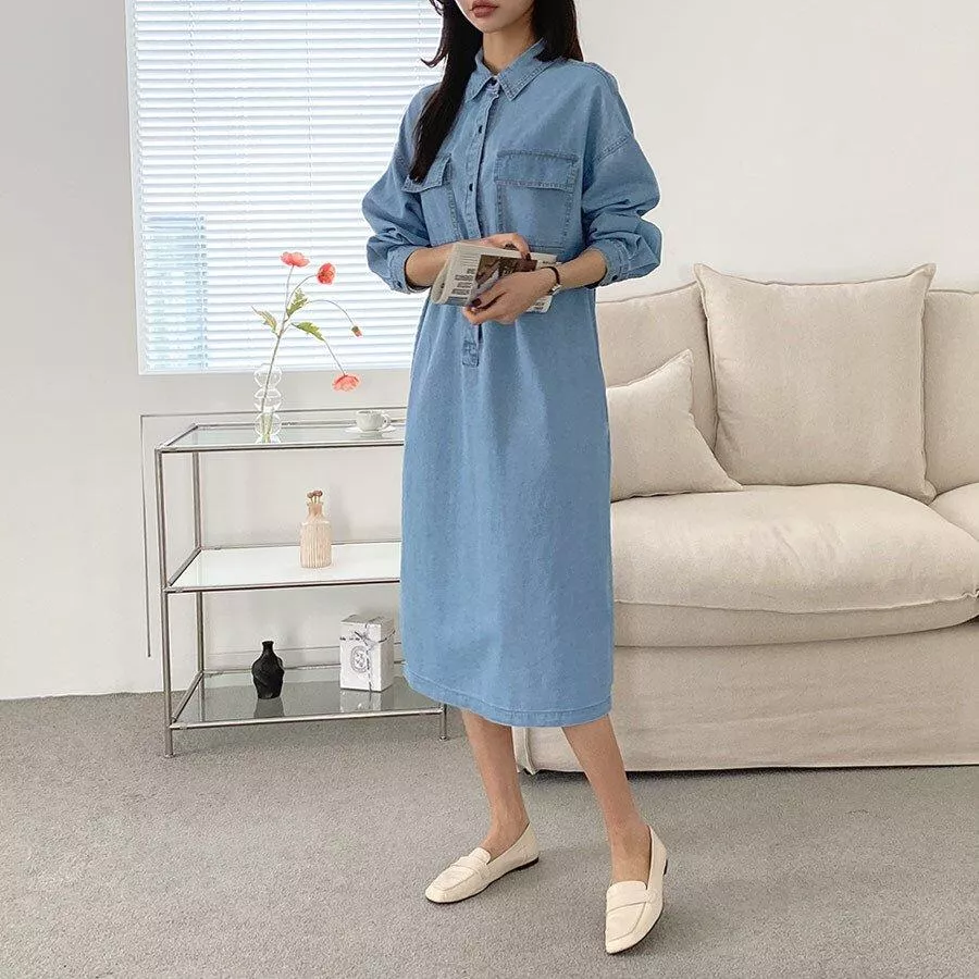 寬鬆牛仔排釦連身棉質洋裝