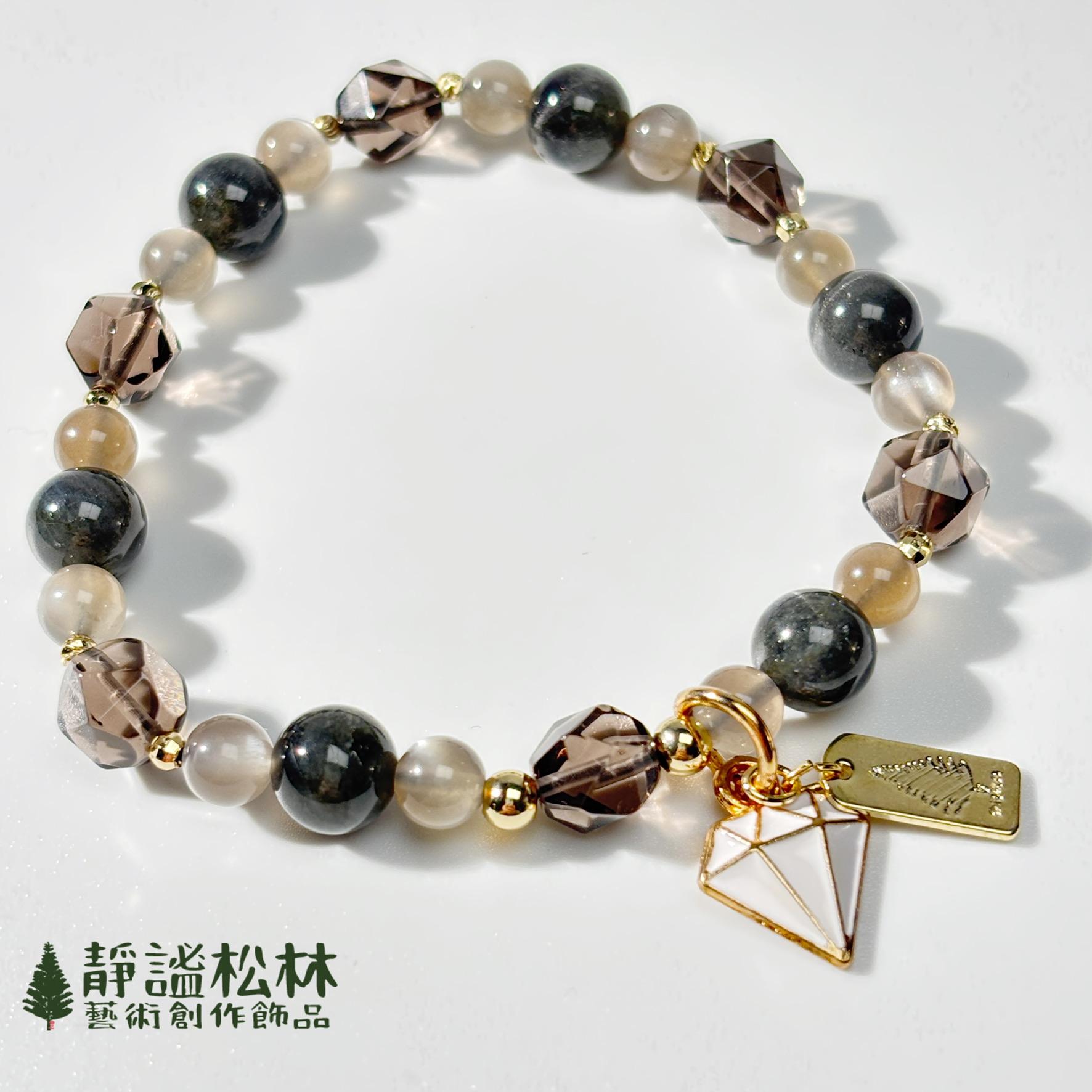 【靜謐松林】黑焰寶石-貓眼泛藍黑拉長石、奶茶銀月光、茶晶(labradorite,moonstone,smoky quartz)