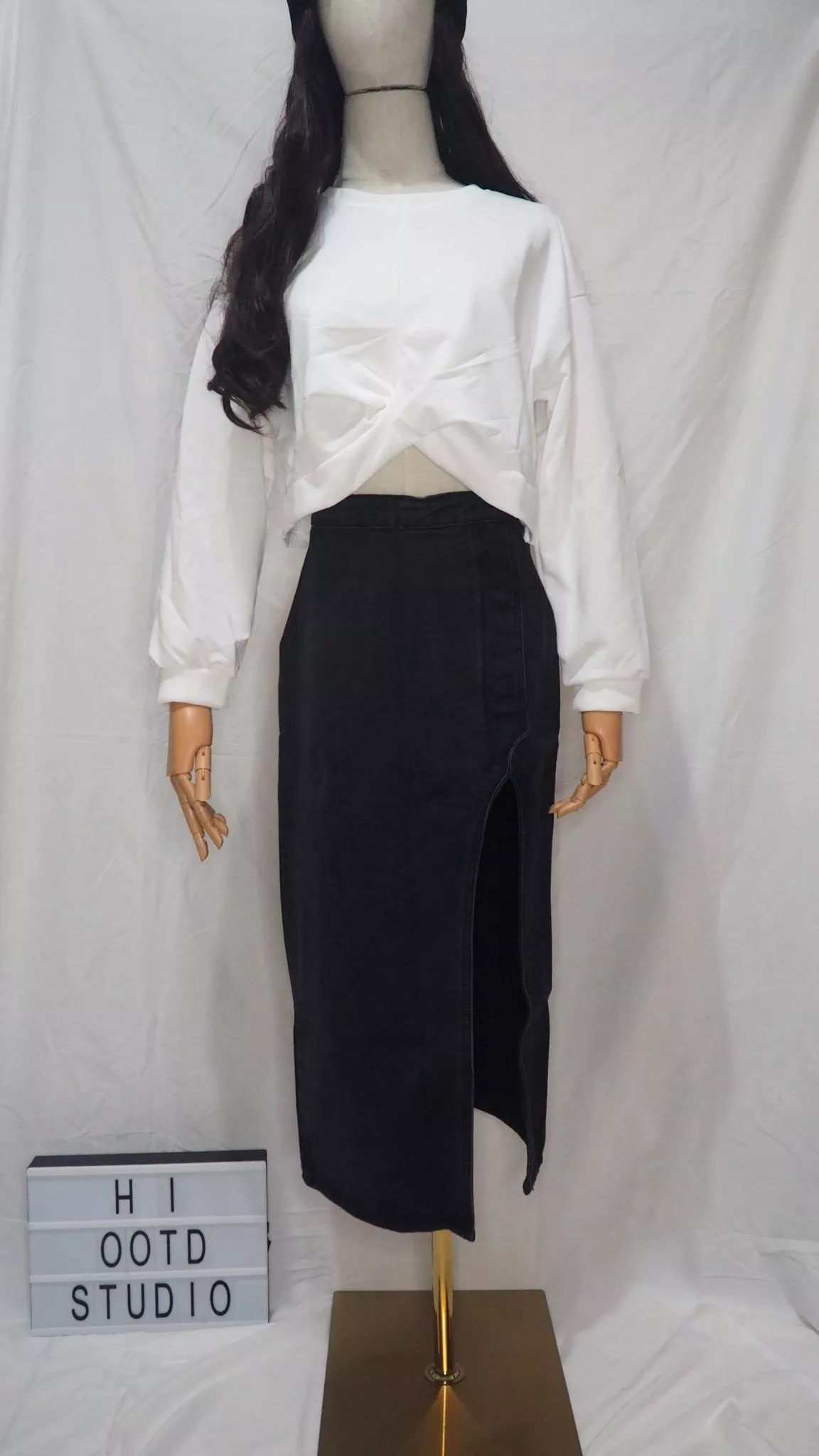 不規則A字設計感側邊開叉牛仔長裙-黑色S🔍H.I OOTD STUDIO🔍