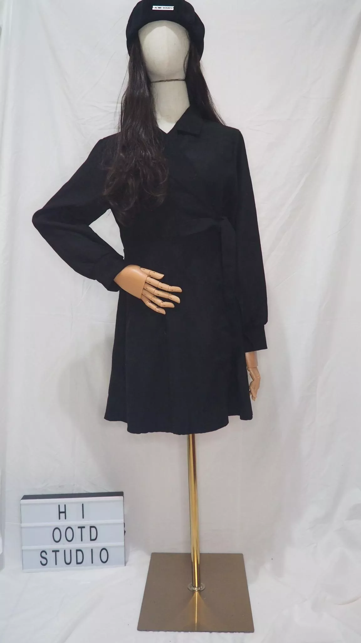 絨面綁帶收腰氣質連衣裙-黑色S🔍H.I OOTD STUDIO🔍