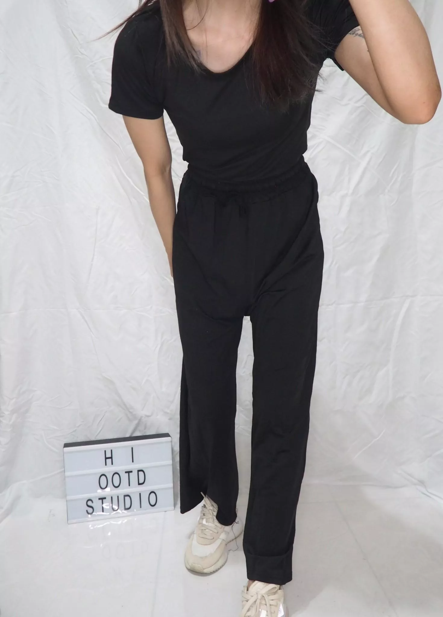 素色短版上衣+鬆緊高腰闊腿褲修身隨興休閒套裝 -2色S-M🔍H.I OOTD STUDIO🔍