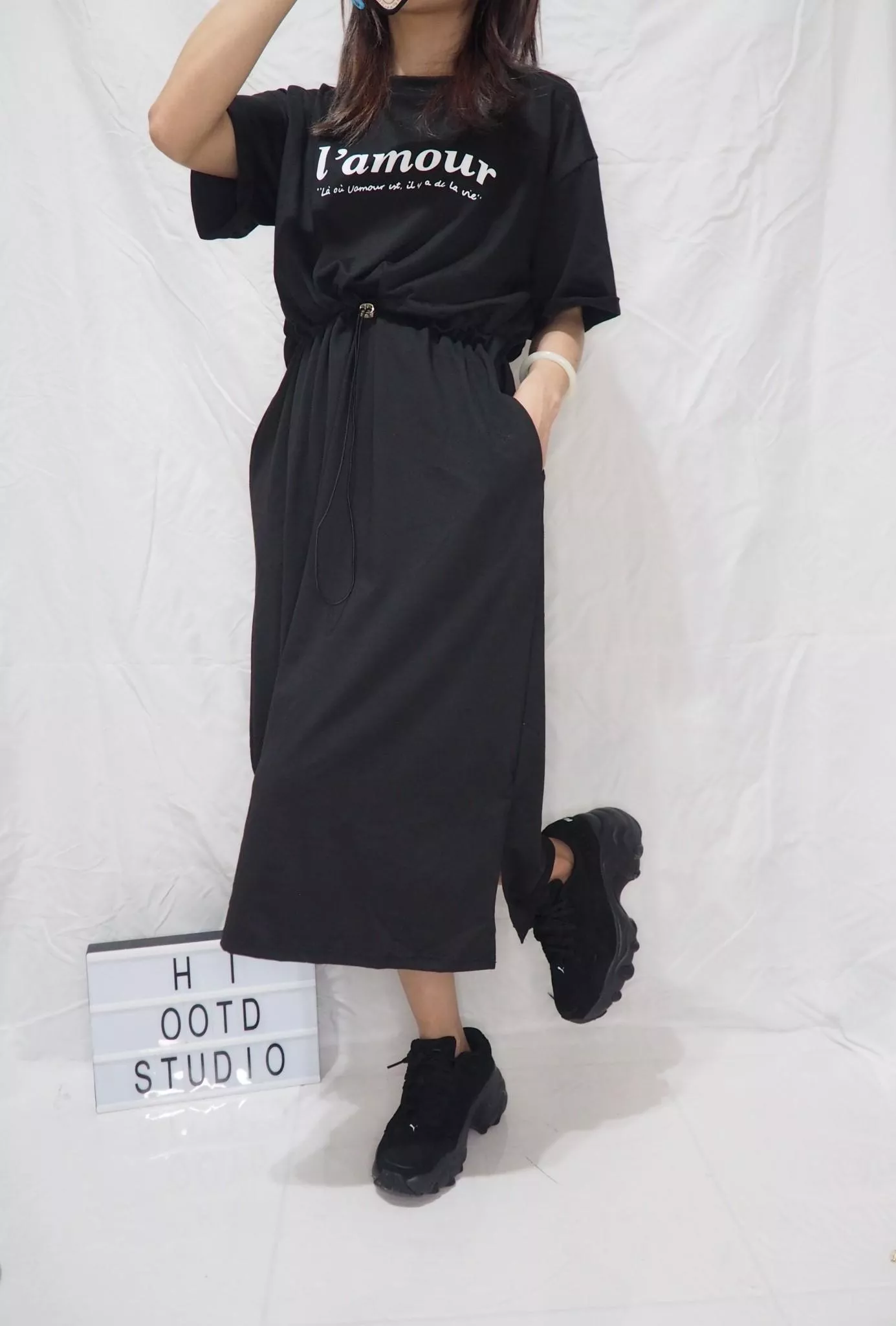 抽繩簡約顯腰身長版開叉洋裝-2色M-L🔍H.I OOTD STUDIO🔍