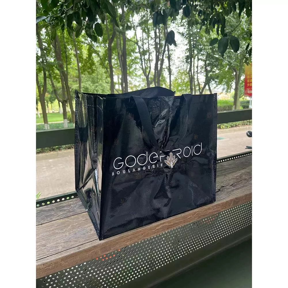 Amy烘焙網:中號黑色亮面編織覆膜防水環保袋/購物袋/手提袋/單肩包/收納袋