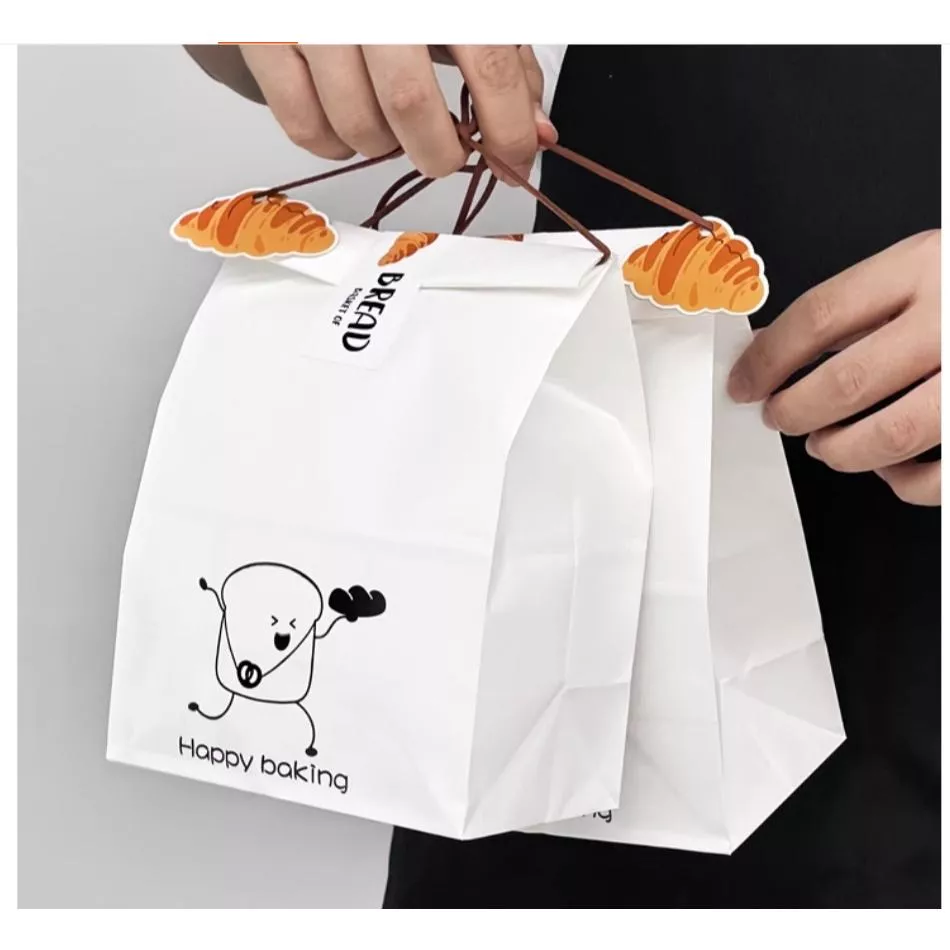 Amy烘焙往:50只入/網紅寬底白牛皮紙包裝袋/烘焙店吐司面包點心包裝袋/創意麻繩打包牛皮紙袋/西點包裝方底紙袋