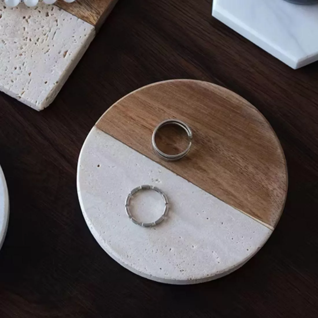 洞石拼接木圓型杯墊 黄洞石隔熱墊 杯墊
