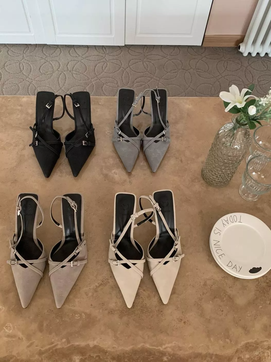 復古釦環尖頭高跟鞋 #3014