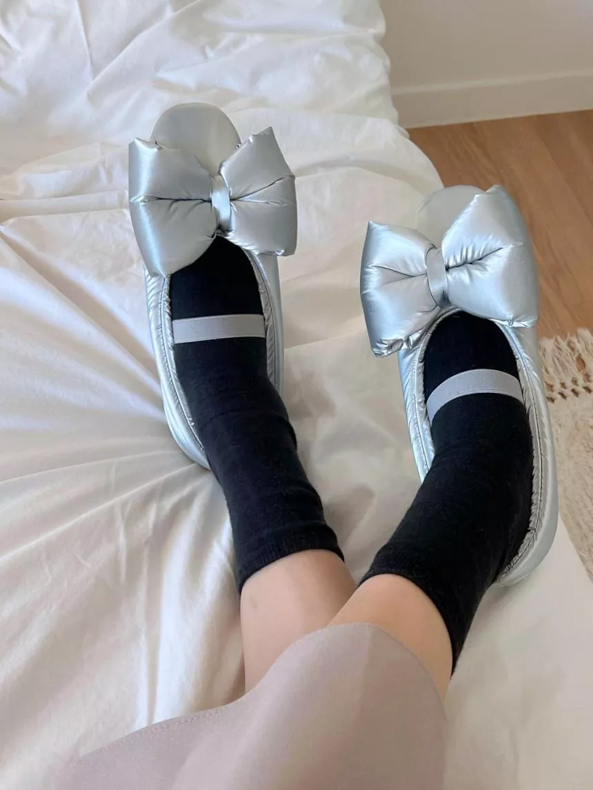 鬆緊帶大蝴蝶結羽絨娃娃鞋 #3419
