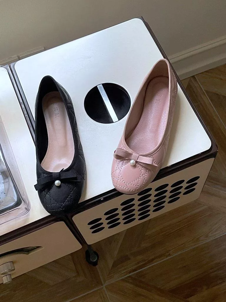 不規則縫線珍珠蝴蝶結娃娃鞋 #1148