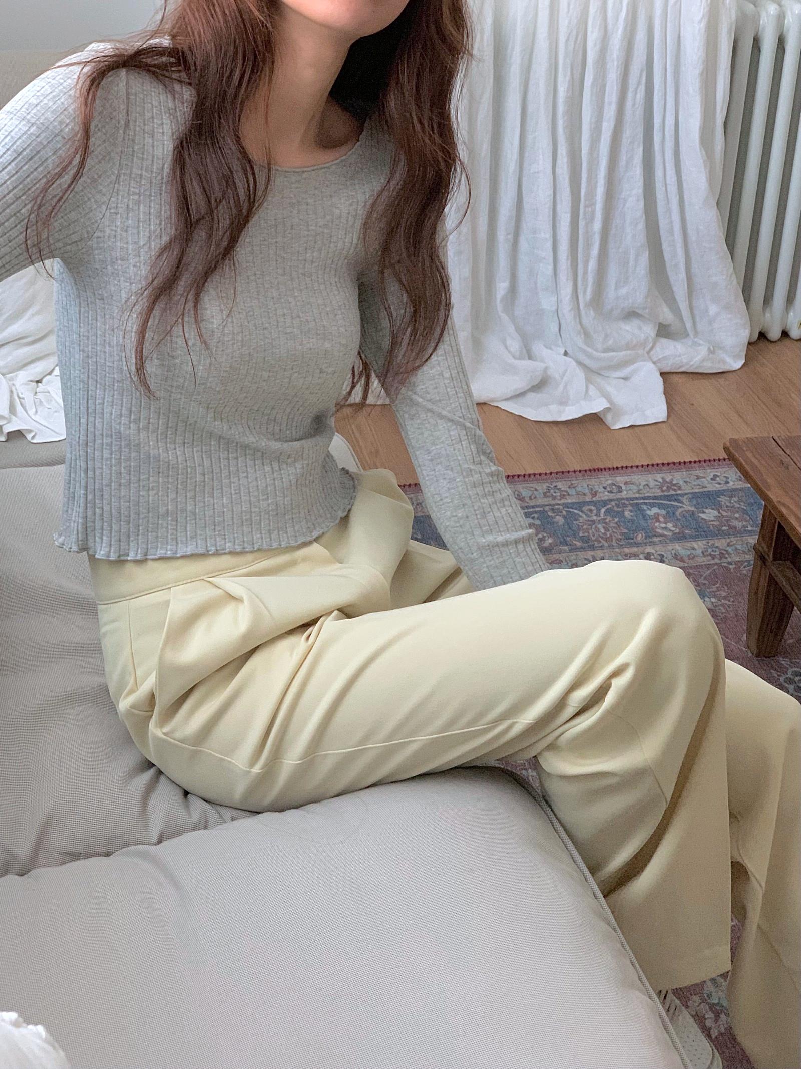 捲邊坑條短版上衣 #95025288