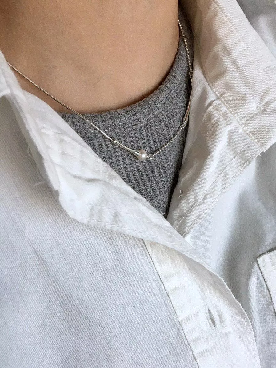 珍珠吊墜不對稱蛇骨925純銀項鍊 #95256817