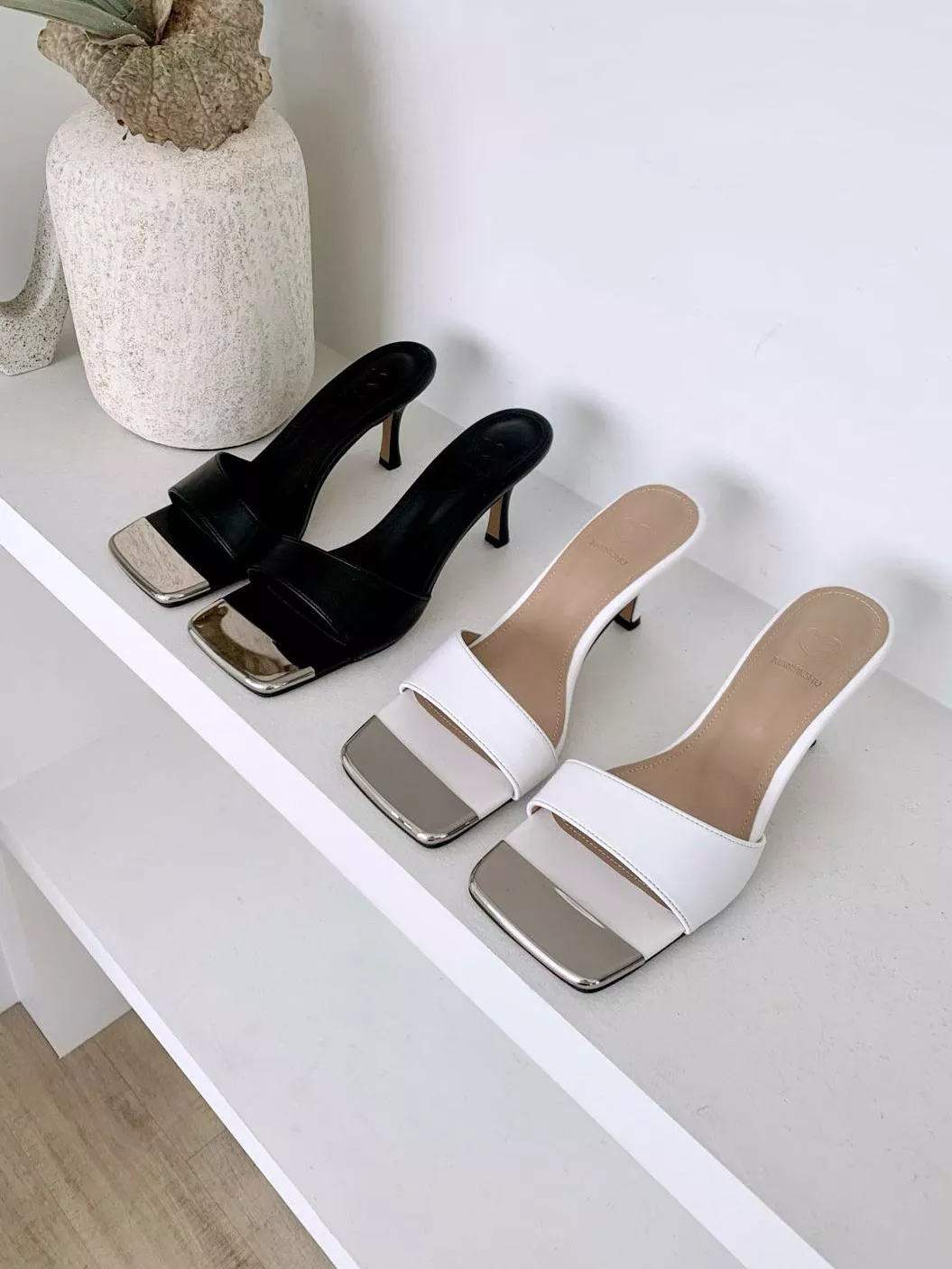 銀色拼接方頭高跟拖鞋 #2019